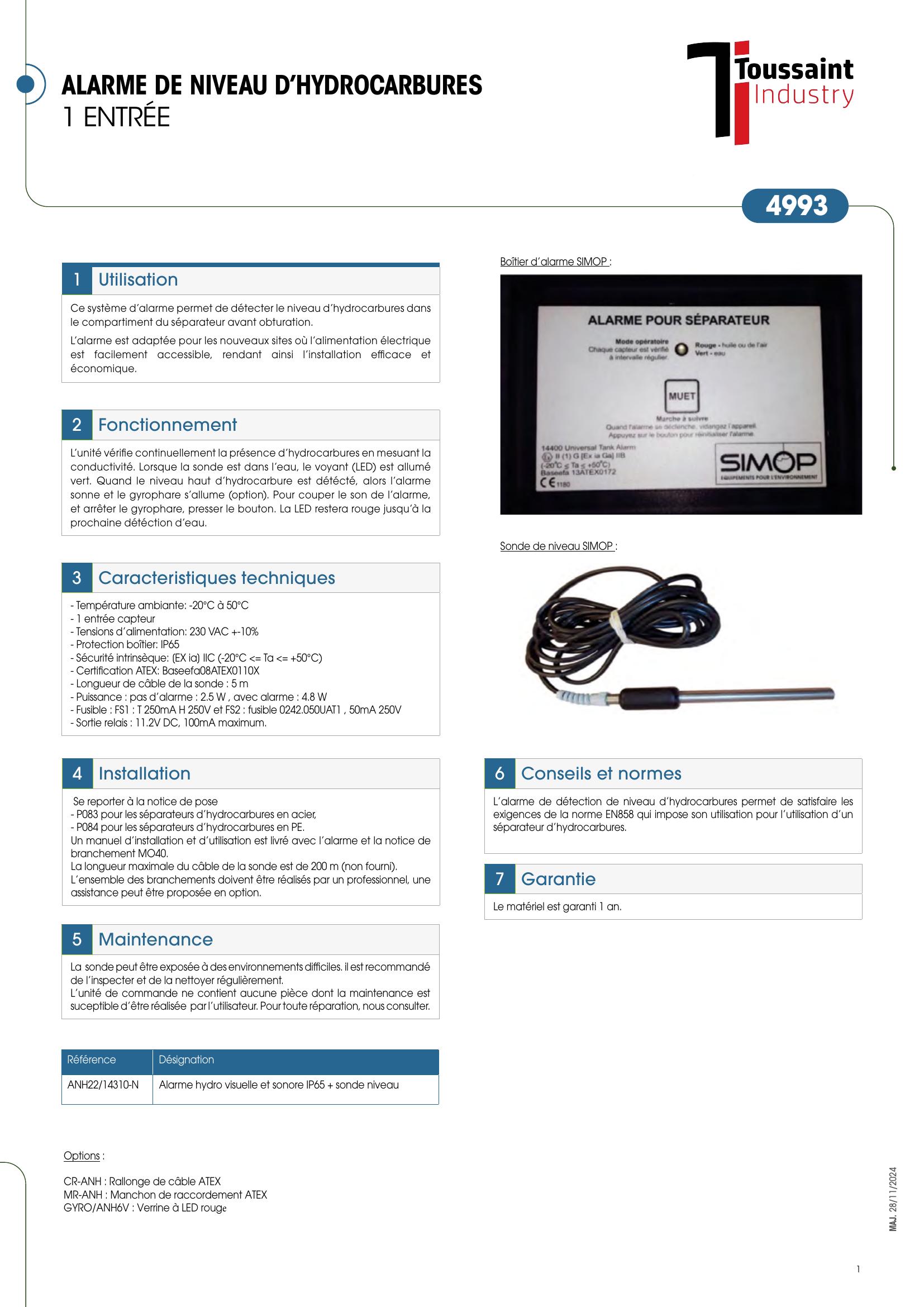 alarme niveau hydrocarbure