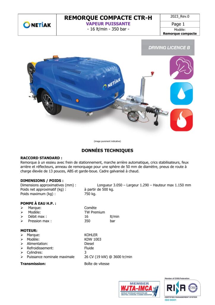 Catalogues 60 609 Compact Trailer CTR H 16@350 POWERSTEAM Fiche Technique
